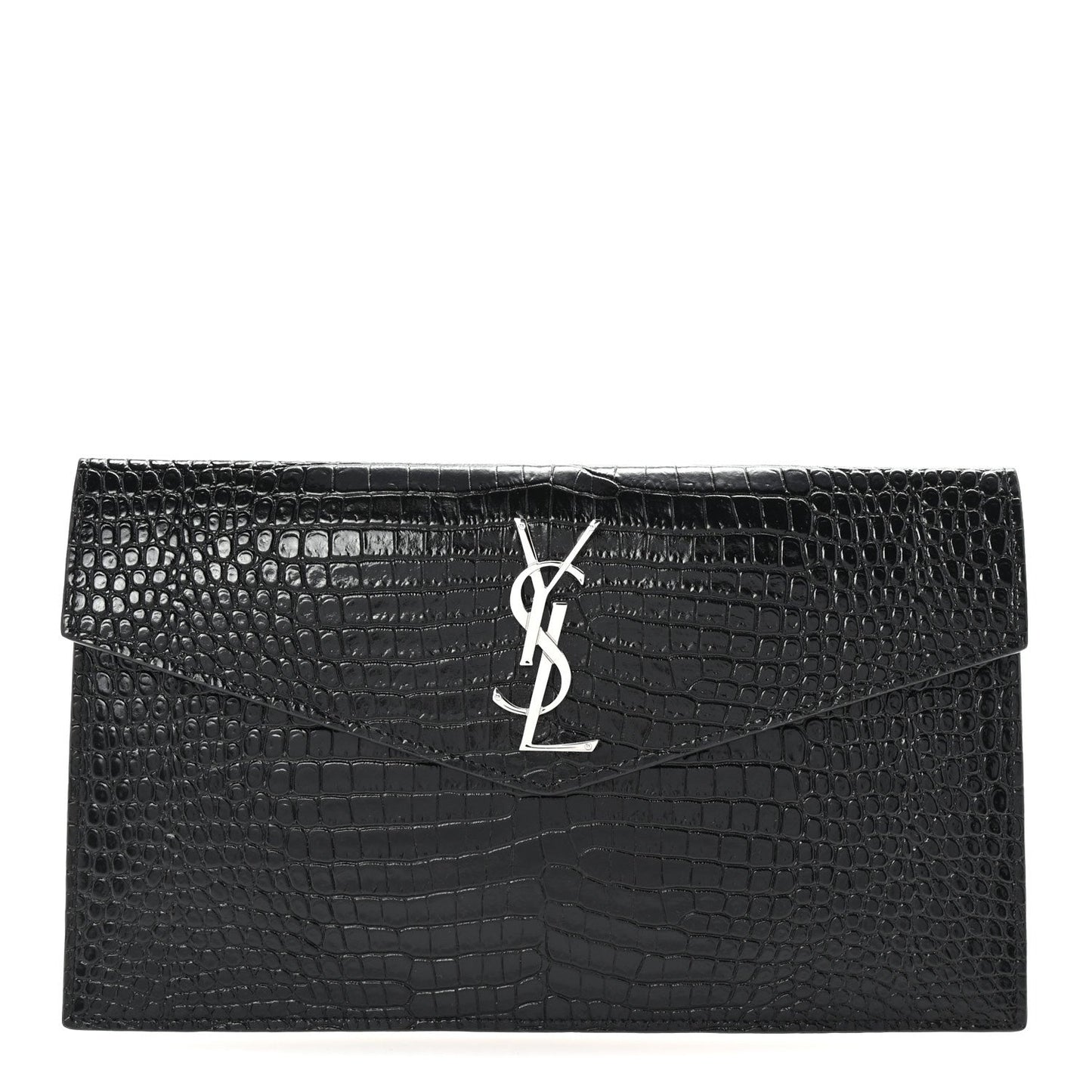 Saint Laurent Calfskin Crocodile Embossed Uptown Monogram Clutch Black