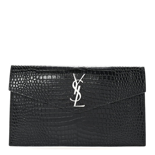 Saint Laurent Calfskin Crocodile Embossed Uptown Monogram Clutch Black