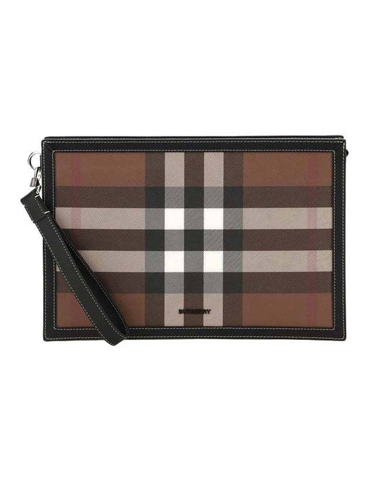 Luxury Burberry Check Leather Zipper Clutch Bag Brown