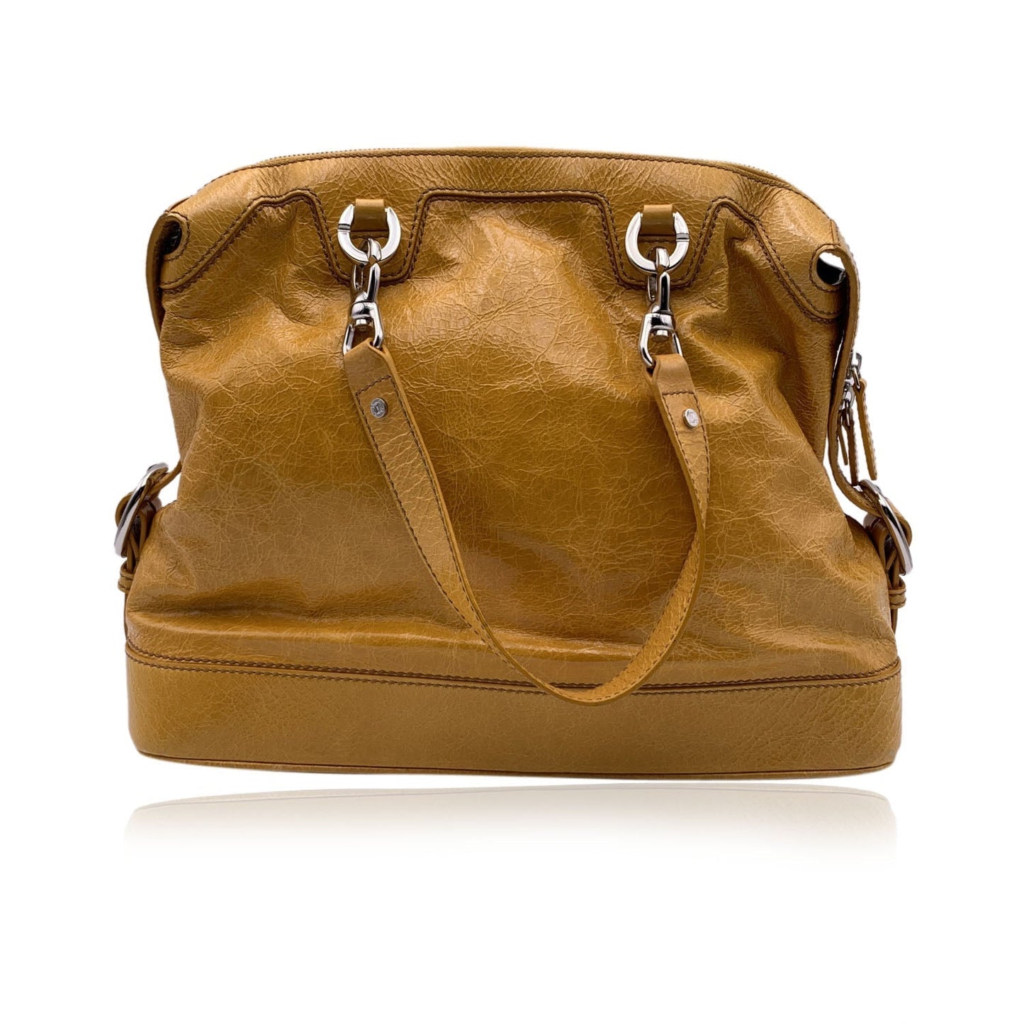 Luxury CELINE Yellow Mustard Crinkled Leather Tote Shoulder Bag