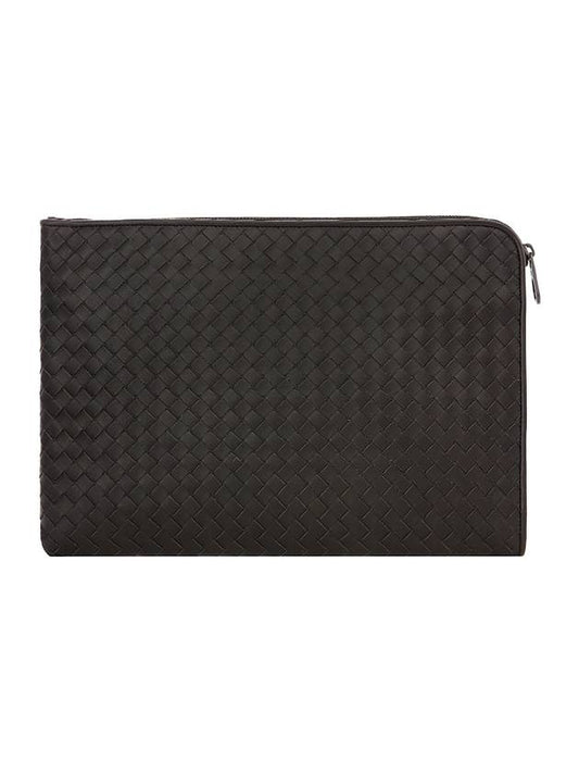 Luxury Bottega Veneta Intrecciato Weaving Zipper Clutch Bag Black Brown