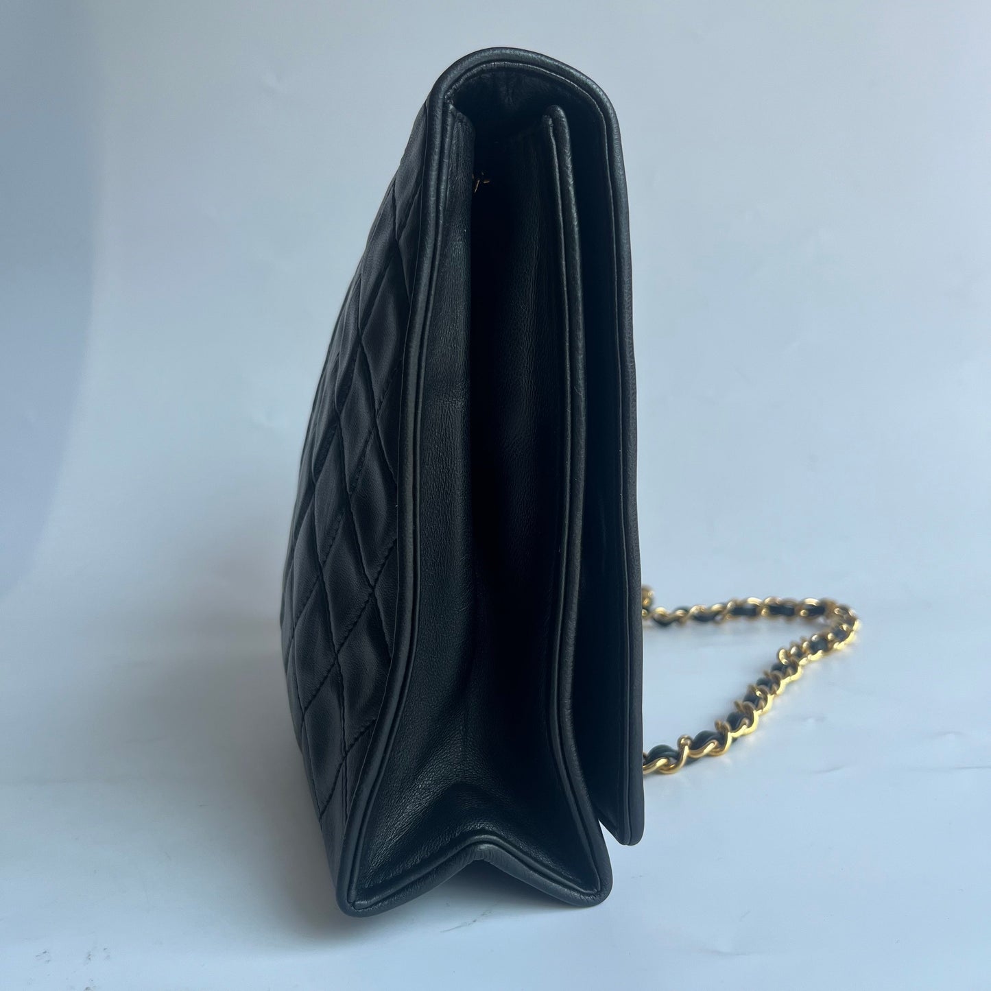 Chanel Vintage Flapbag With Gold Logo Closure Black Lambskin Leather