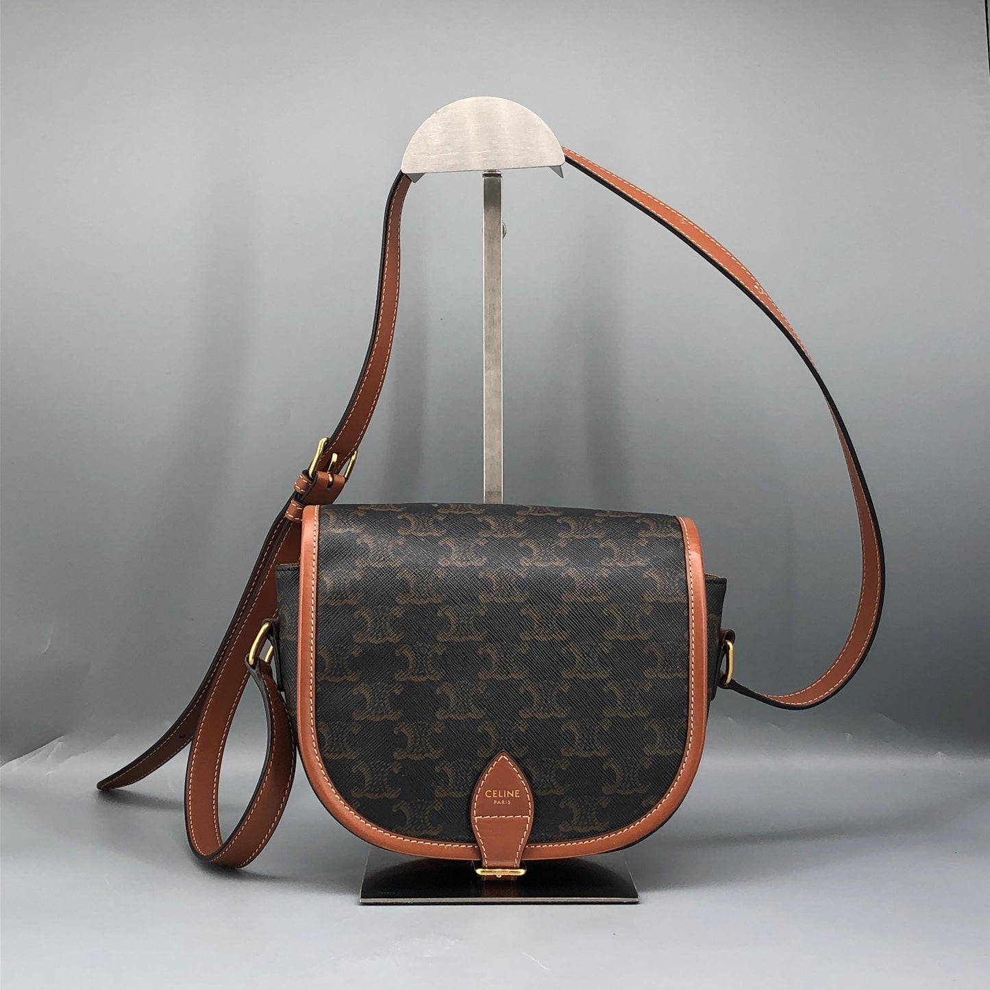 Celine Triomphe Canvas Medium Folco Crossbody Bag Dark Brown