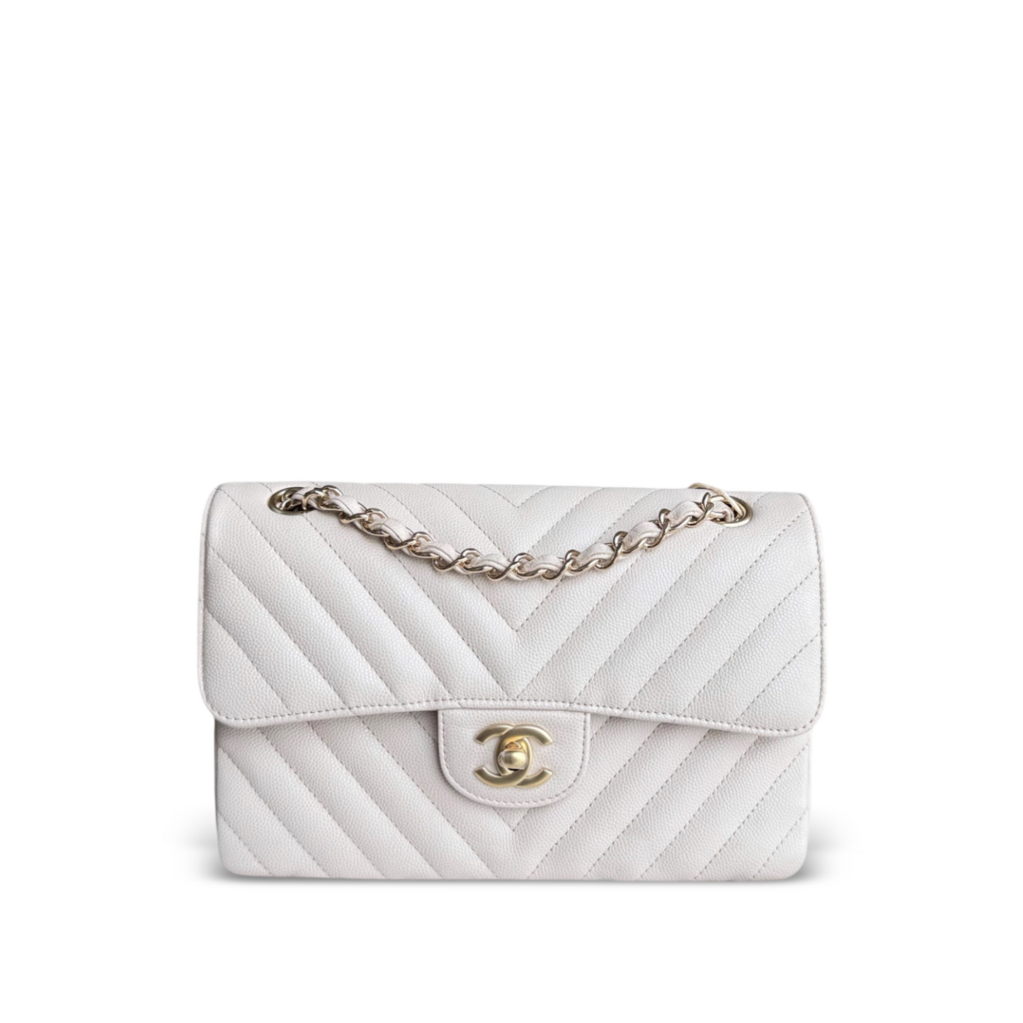 Chanel Classic Flap Small - Caviar 23CM Chevron Cream White Gold Hardware Series 26