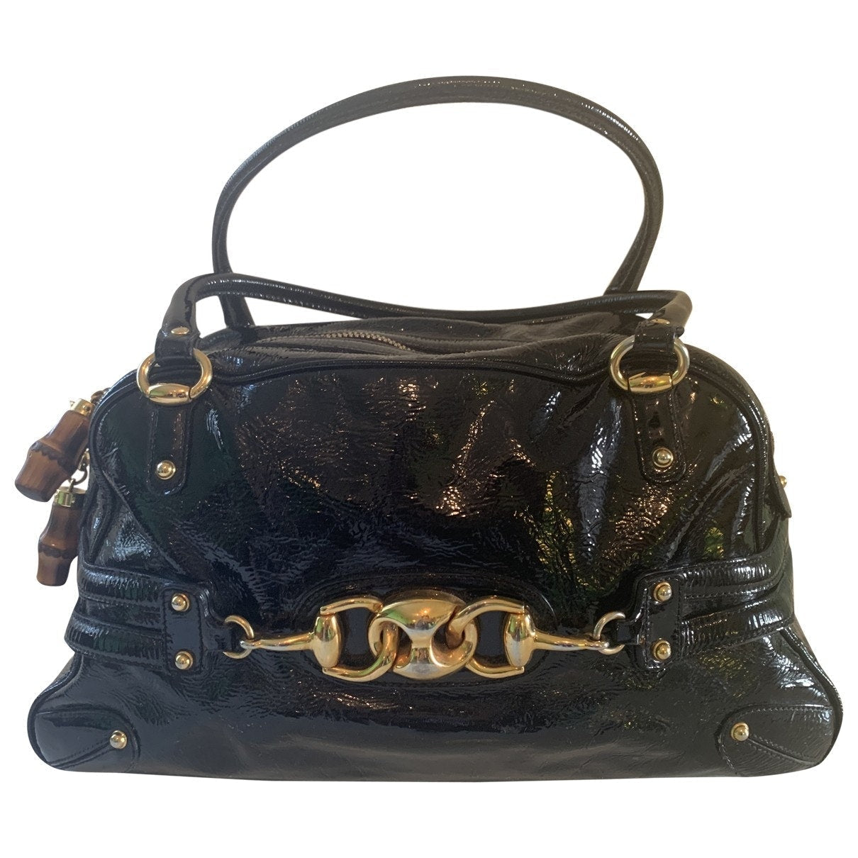 Gucci bamboo black patent leather handbag