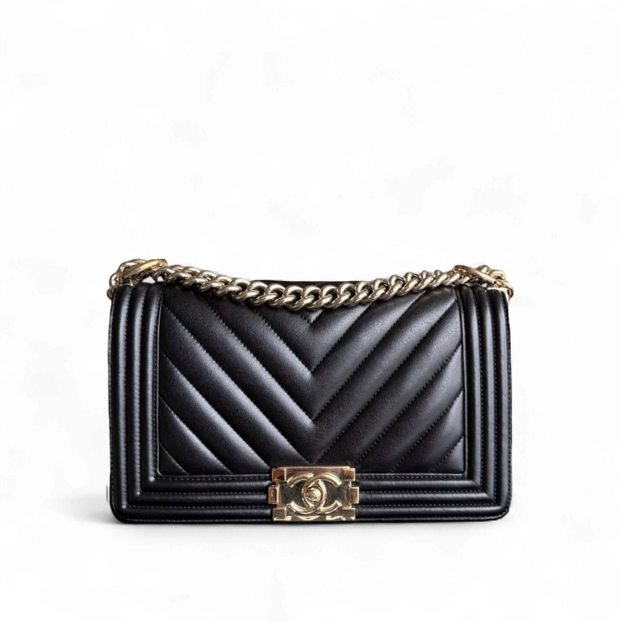 Chanel Boy Medium - 25CM Chevron Calfskin Black Aged Gold Hardware