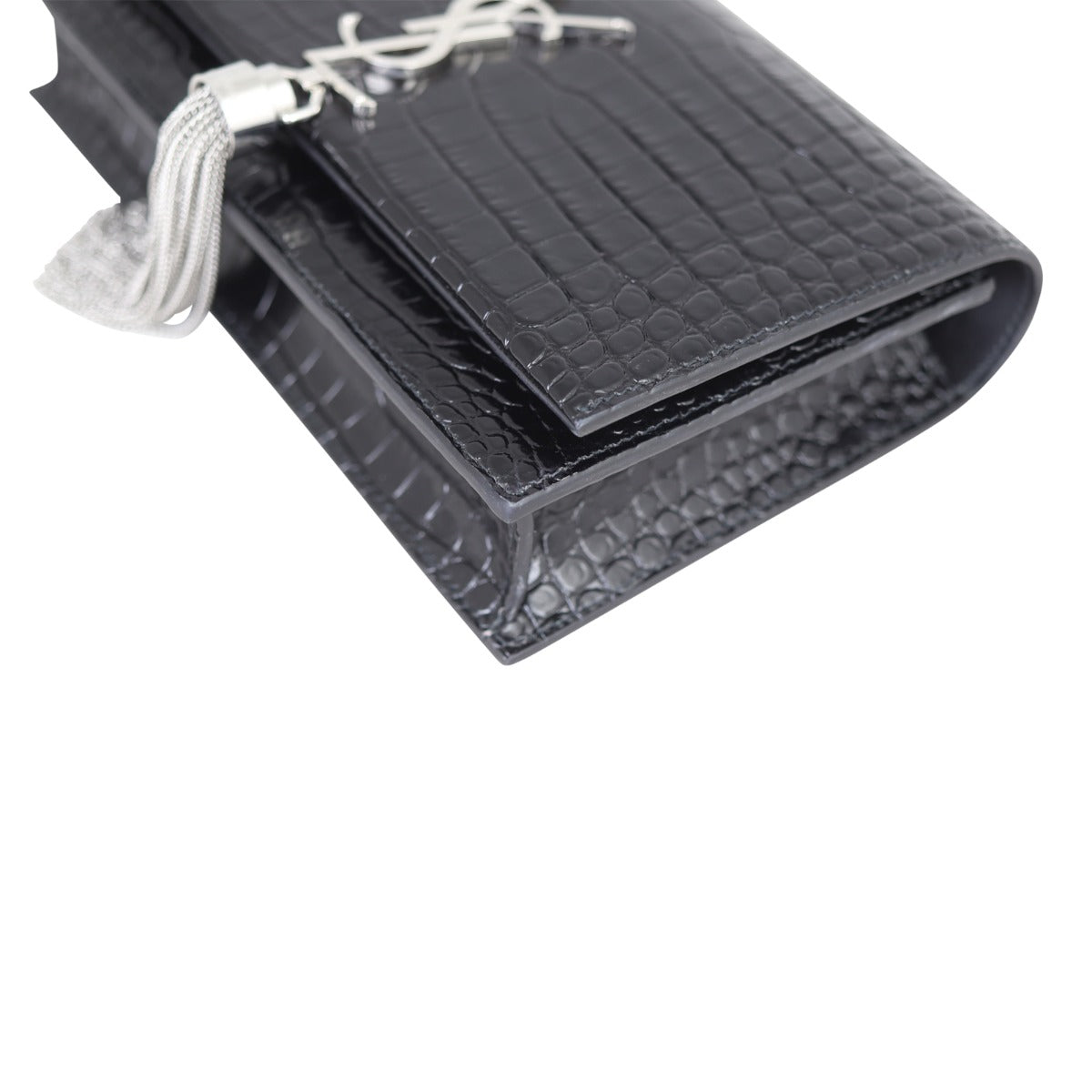 Saint Laurent Kate Tassel Chain Wallet Croc-Embossed
