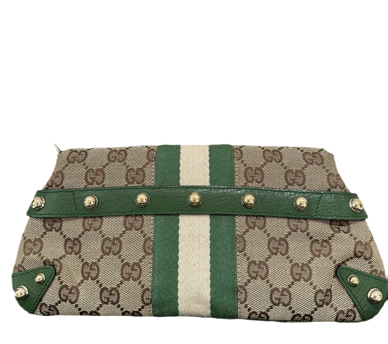 Iconic Gucci Horsebit 1955 Chain Cloth Gucci Monogram Green Leather and Gold Studs