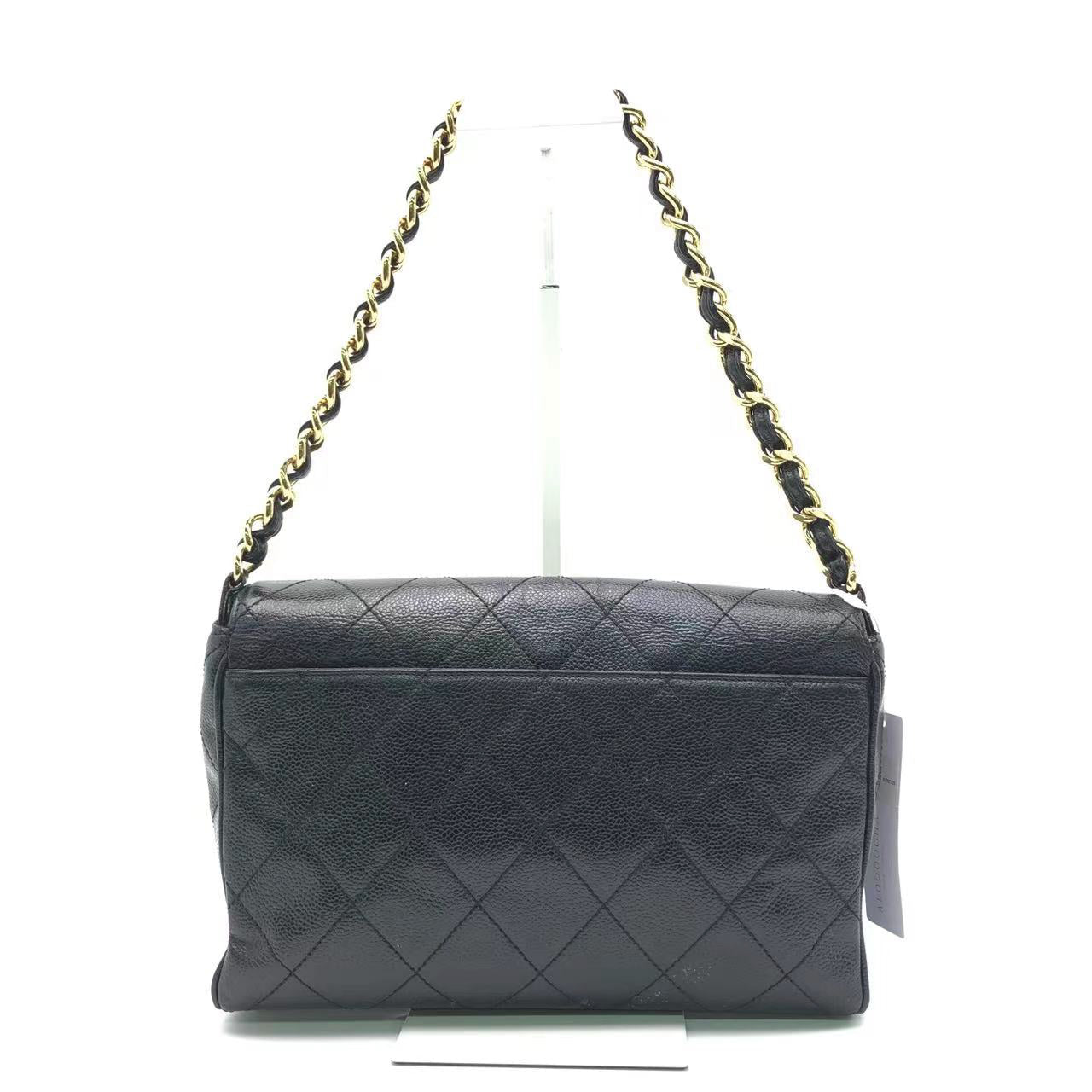 Chanel Single Flap Black Caviar Leather Vintage 24k Gold