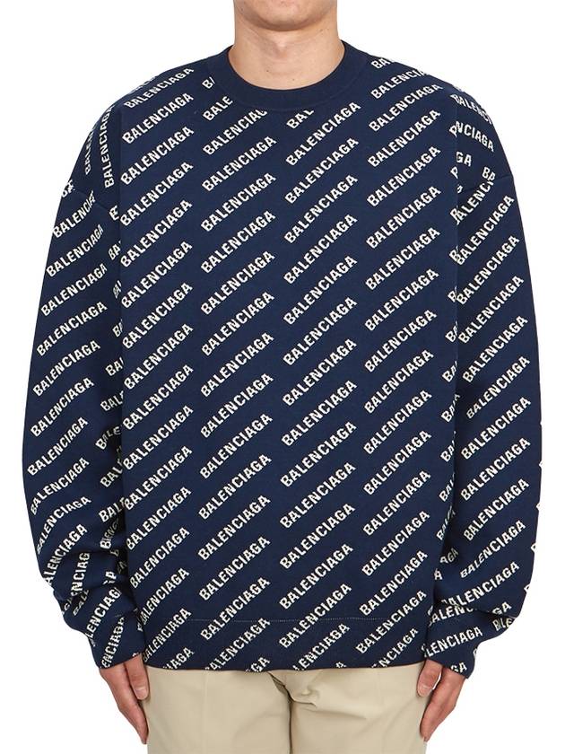 Luxury Balenciaga Trending 2026 Allover Logo Crew Sweatshirt Navy