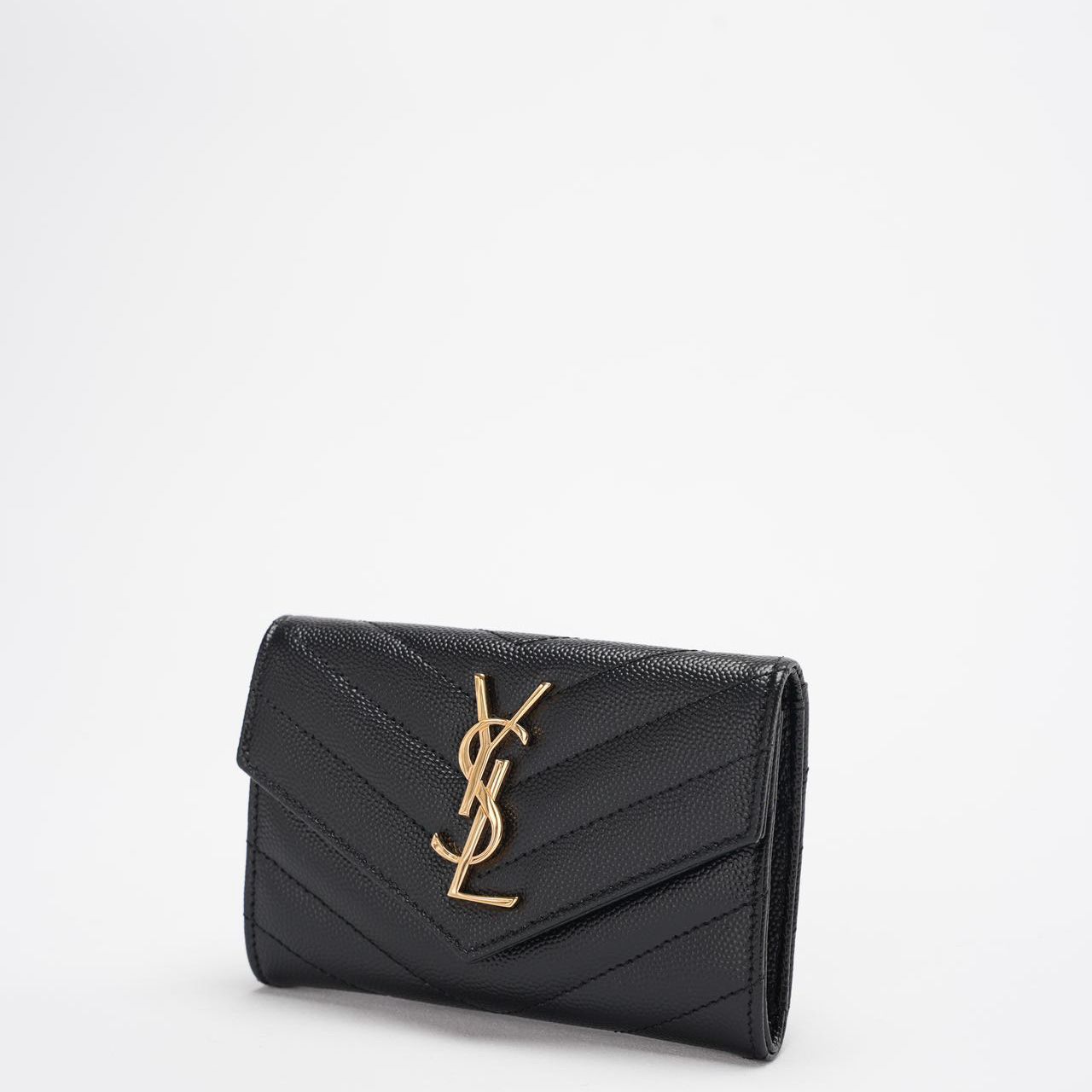 Saint Laurent Small Monogram Wallet Black Leather with Gold YSL Logo