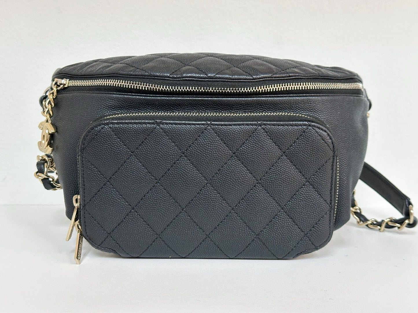 Chanel Black Quilted Caviar Leather Business Affinity Waist Belt Bag 2822 holo card