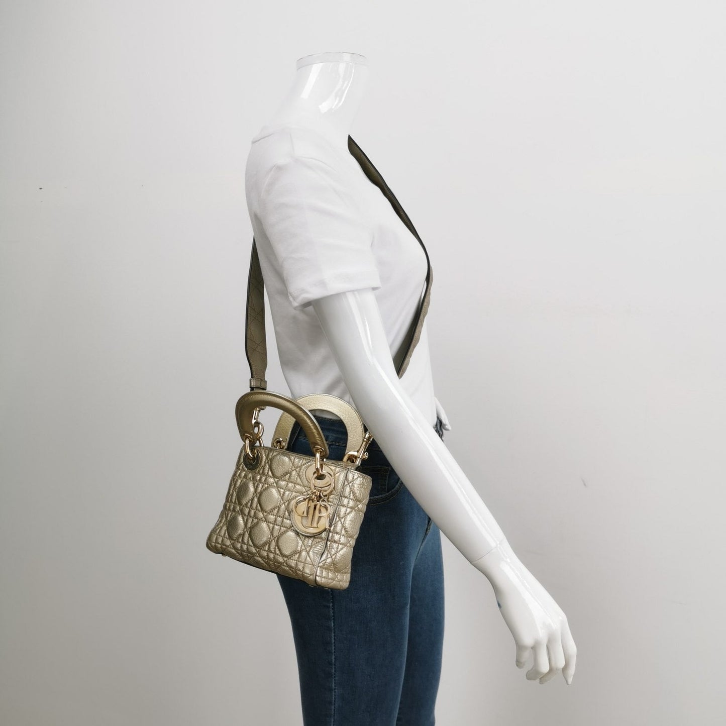 Lady Dior Mini Supple Calfskin Leather Gold Cannage Handbag with Strap