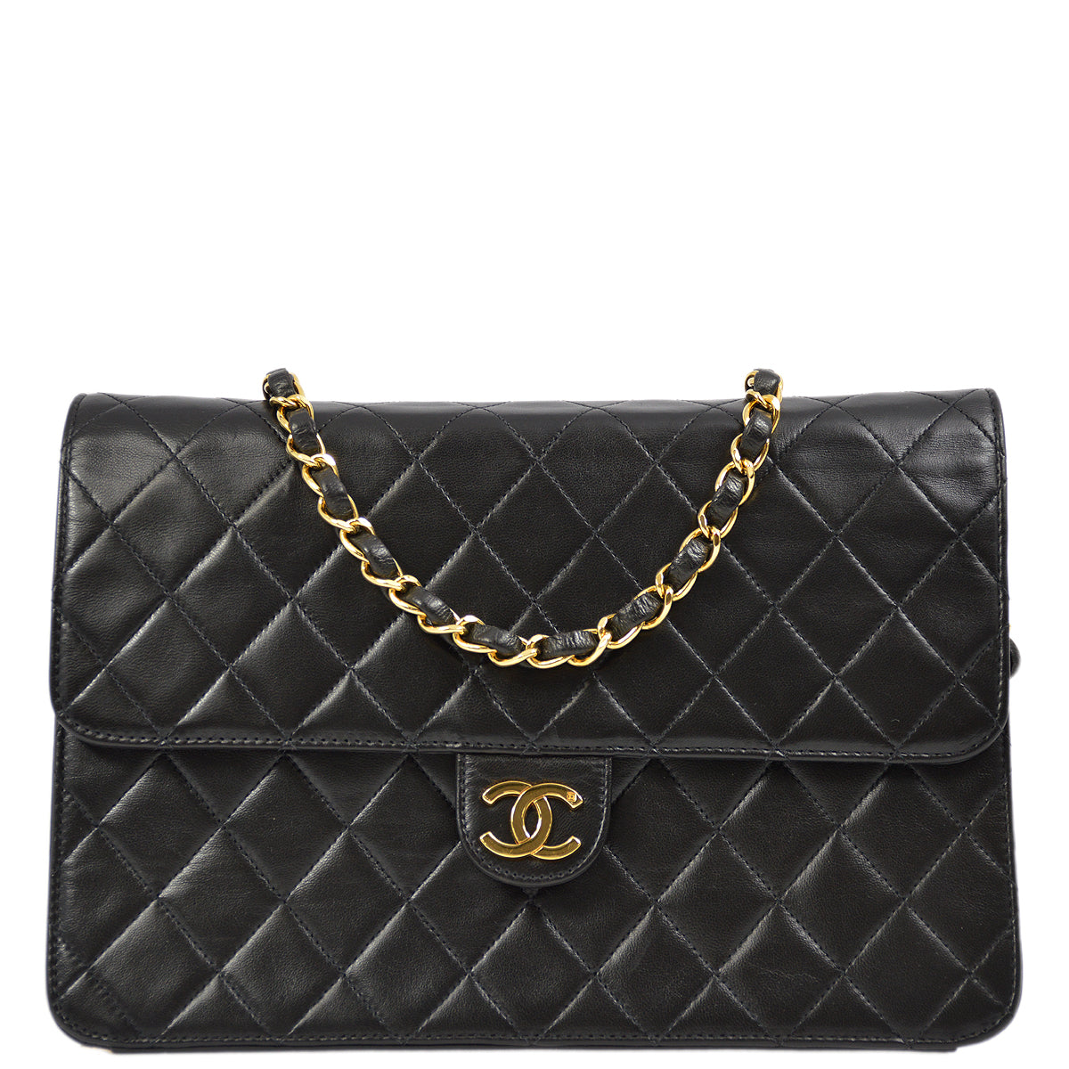 Chanel Black Lambskin Pushlock Medium Half Flap Shoulder Bag