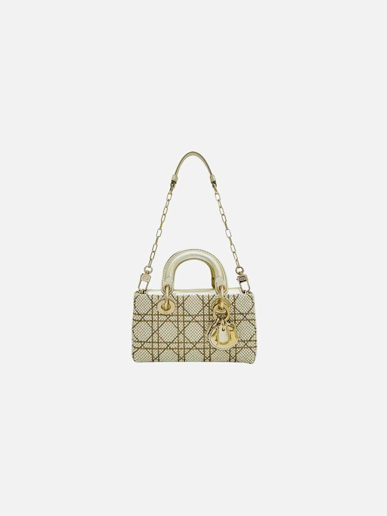 CHRISTIAN DIOR Lady D-Joy Size Micro Peral Embroidered Gold Leather Shoulder Bag