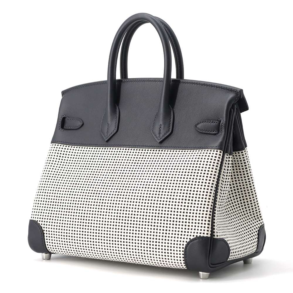 HERMES Birkin Caban/ Black/ White/ Ecru Toile Cadrille Swift Leather Size 25