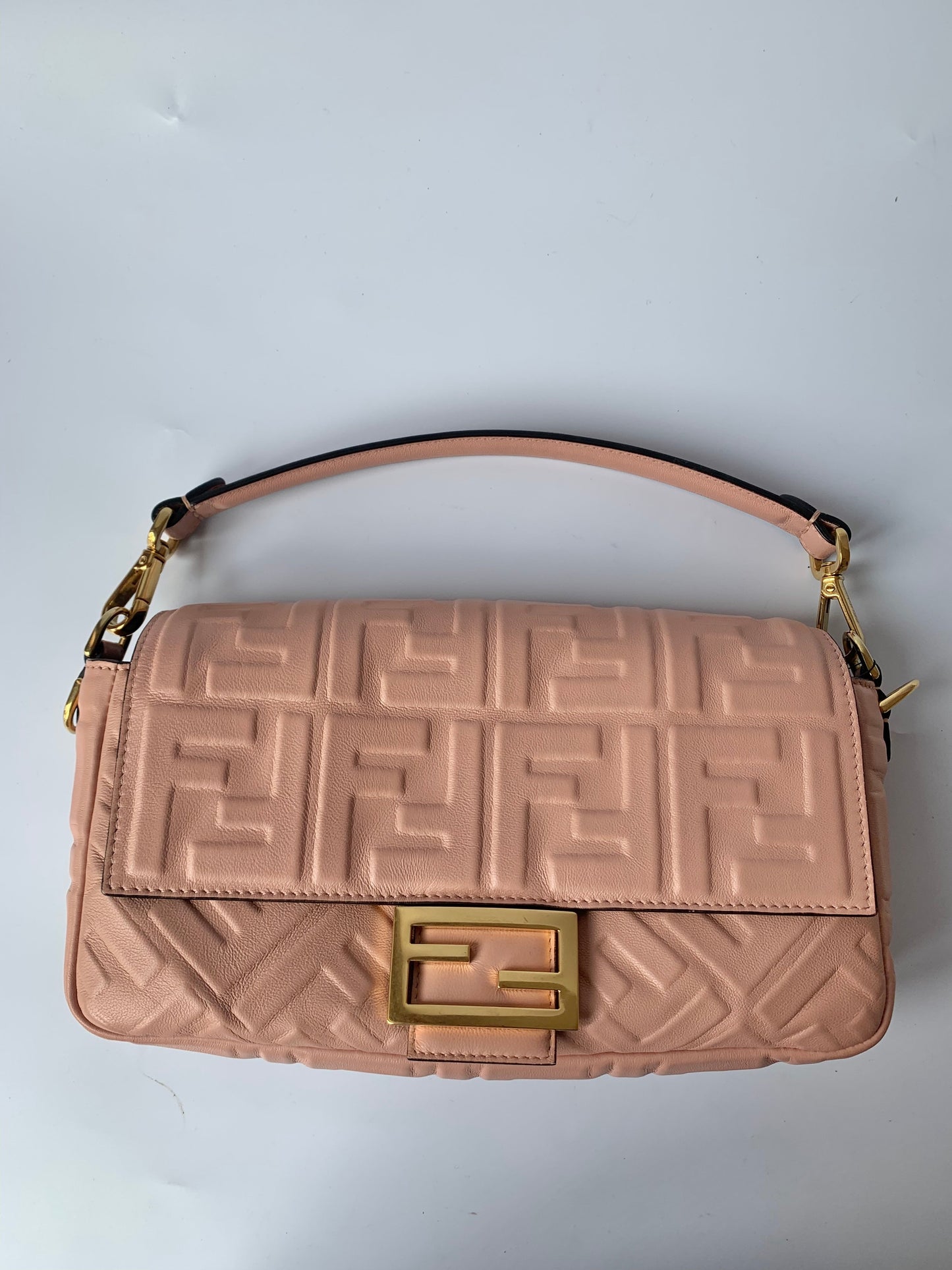 FENDI Baguette Rosa Bourbon Pink Leather 3D FF Motif Crossbody bag