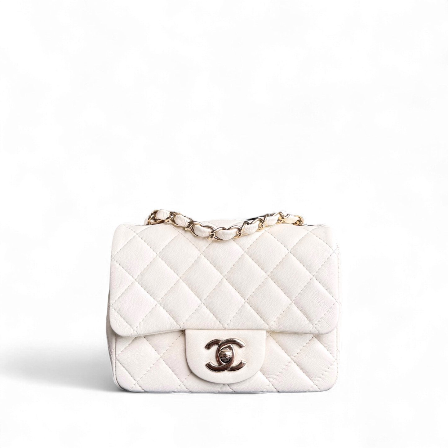 Chanel Classic Flap Mini Square - 17CM Quilted Lambskin White Gold Hardware Microchip
