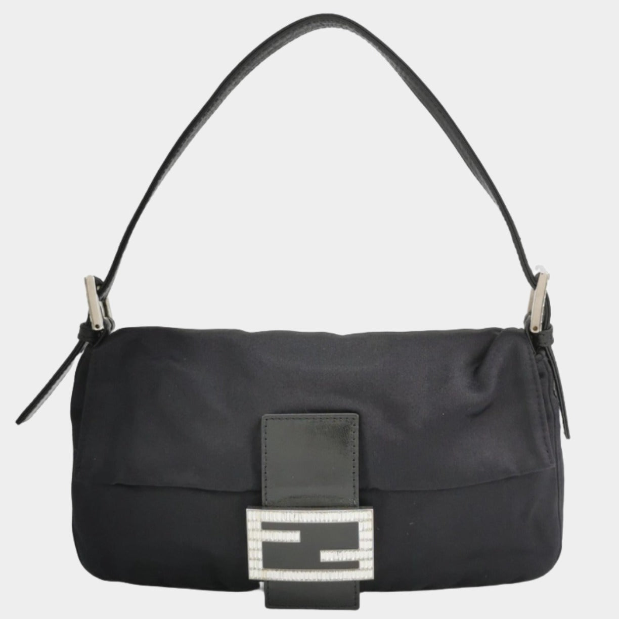 FENDI Baguette Black Silk Satin with Crystal Buckle Shoulder Bag