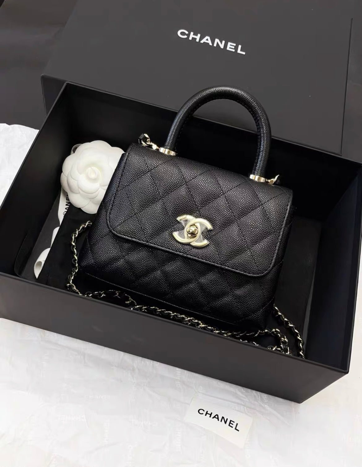 Chanel 24K Nano Coco Top Handle Flap Bag Black Caviar Light Gold Hardware