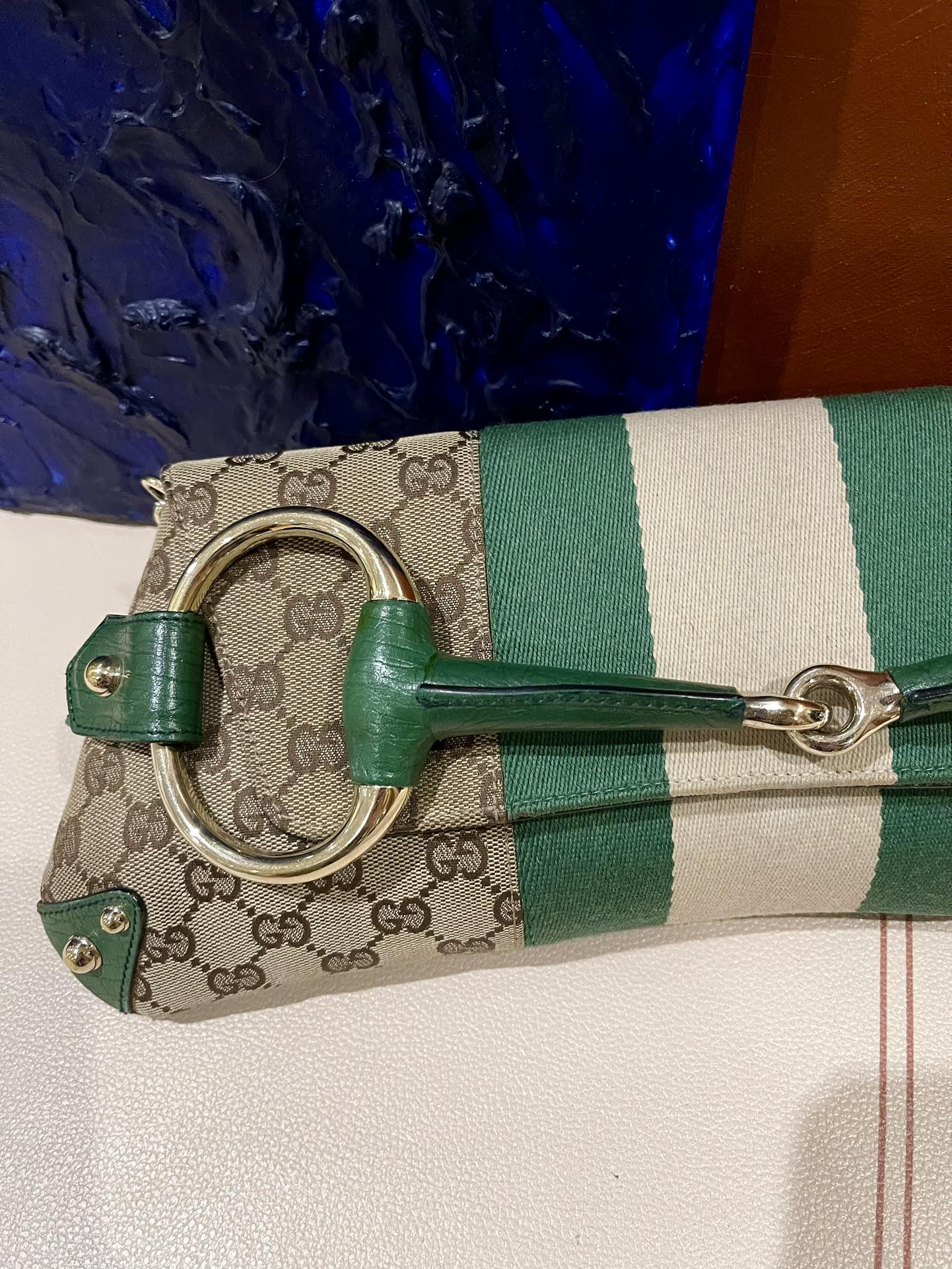 Gucci Horsebit 1955 Chain Cloth Green Web Monogram Leather and Gold Studs