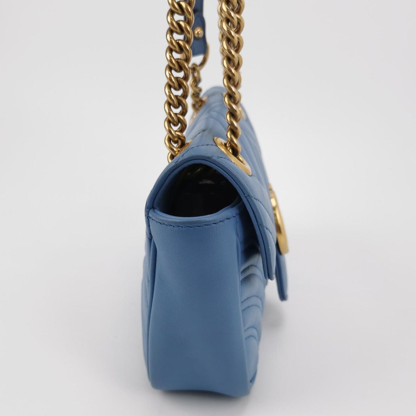 Gucci Marmont Mini Flap Baby Blue Calfskin Leather Handbag Gold Hardware