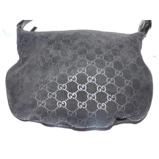 Gucci Vintage Black With Metallic Embossed G Logo Print Suede Leather Hobo Bag