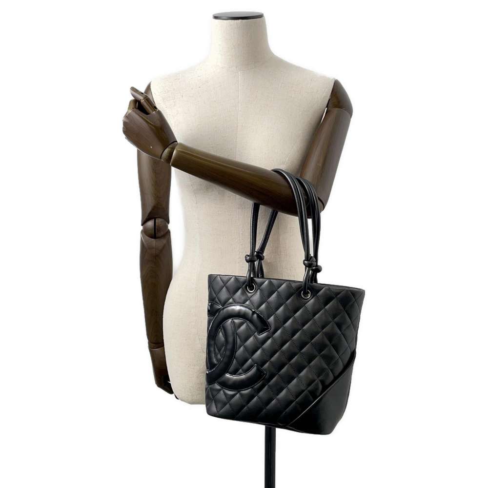 CHANEL Cambon Line Handbag Black A25167 Leather Size Medium