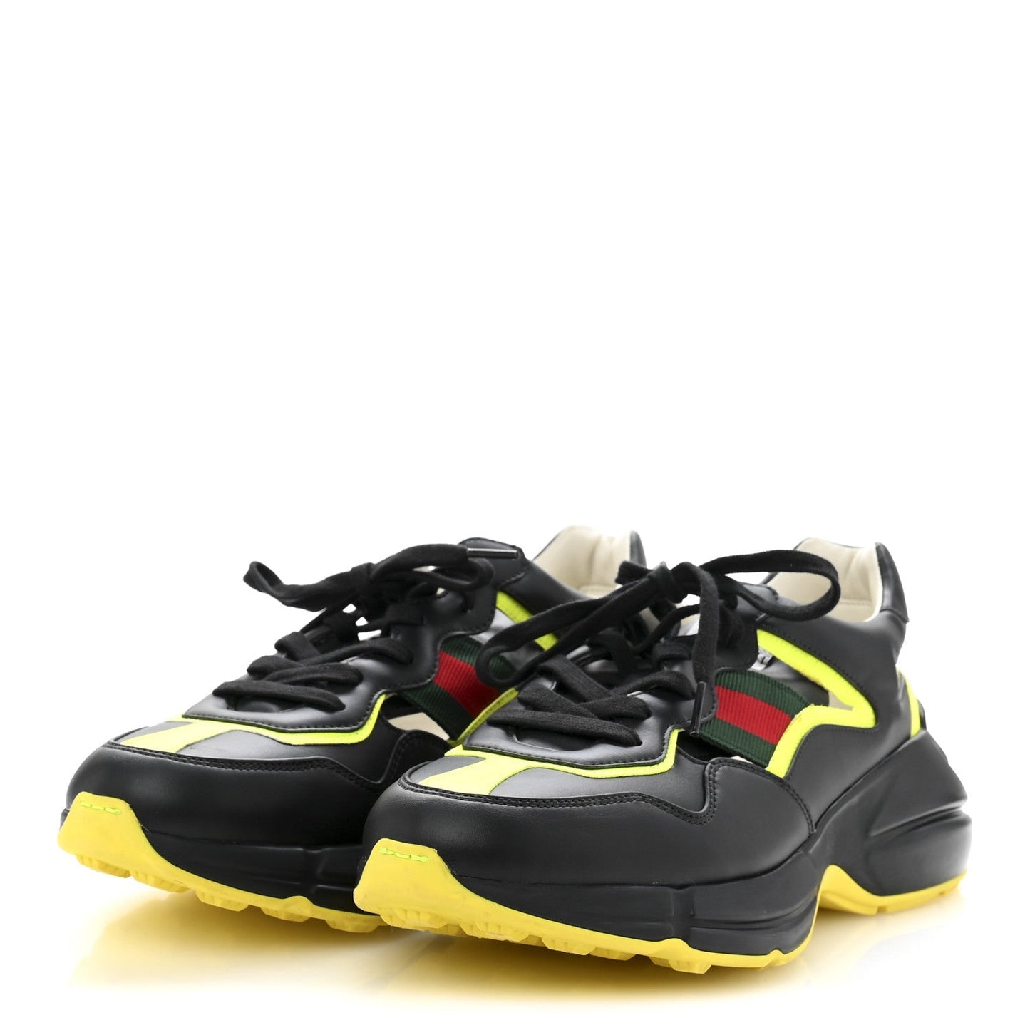 Gucci Demetra Web Mens Rhyton Cut Out Sneakers 10 Black Yellow Fluo