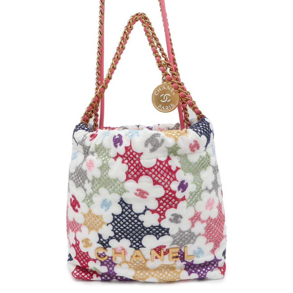 CHANEL CHANEL22 Lace Patchwork Chain Handbag Multicolor AS3980 Fabric Size Mini