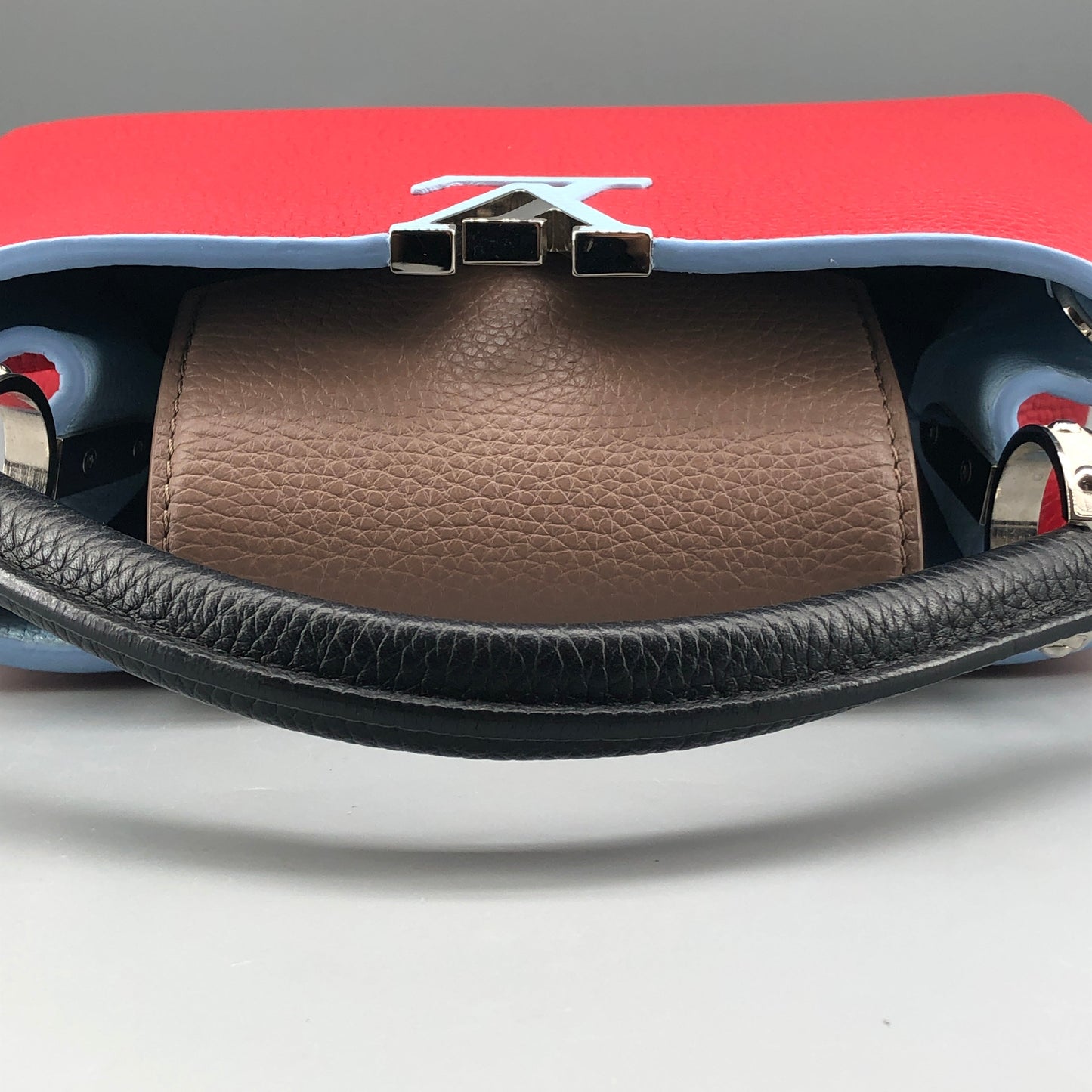 Louis Vuitton Capucines PM Taurillon Leather Handbag Red Light Blue Two-Tone