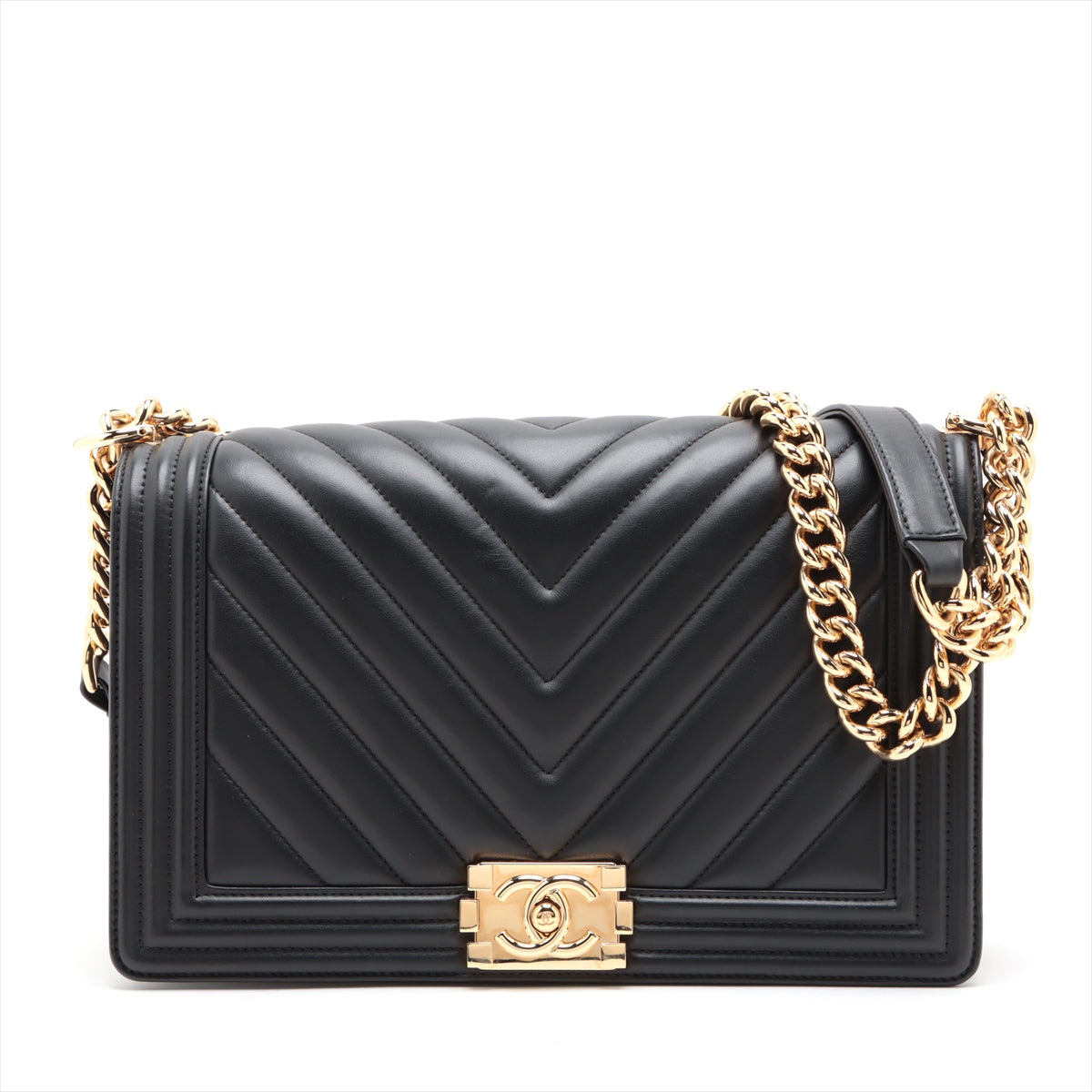 Chanel Boy Chanel 28   Chain Shoulder Bag Black Gold  28th A92193