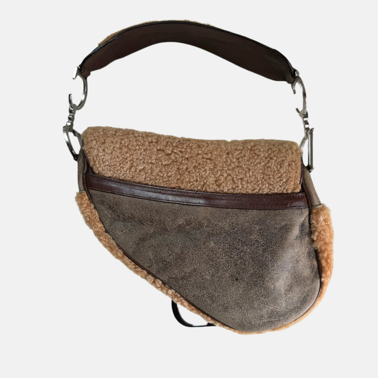 Dior Saddle Vintage Shoulder Bag Shearling Brown and While