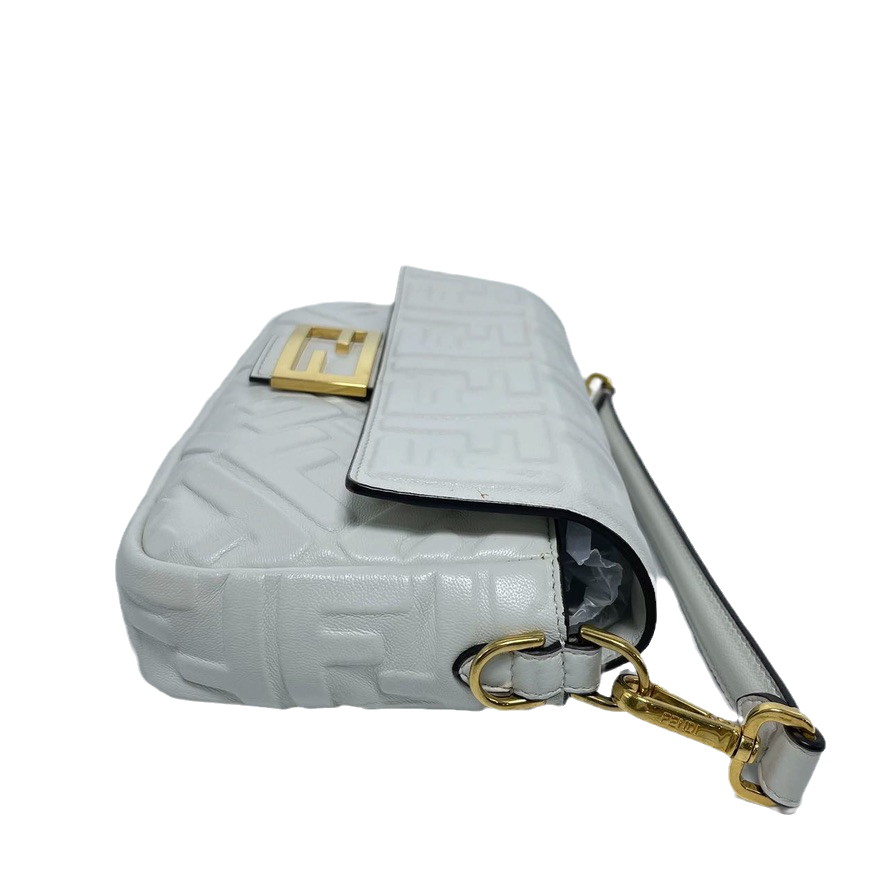 FENDI Baguette White Leather 3D FF Motif Crossbody