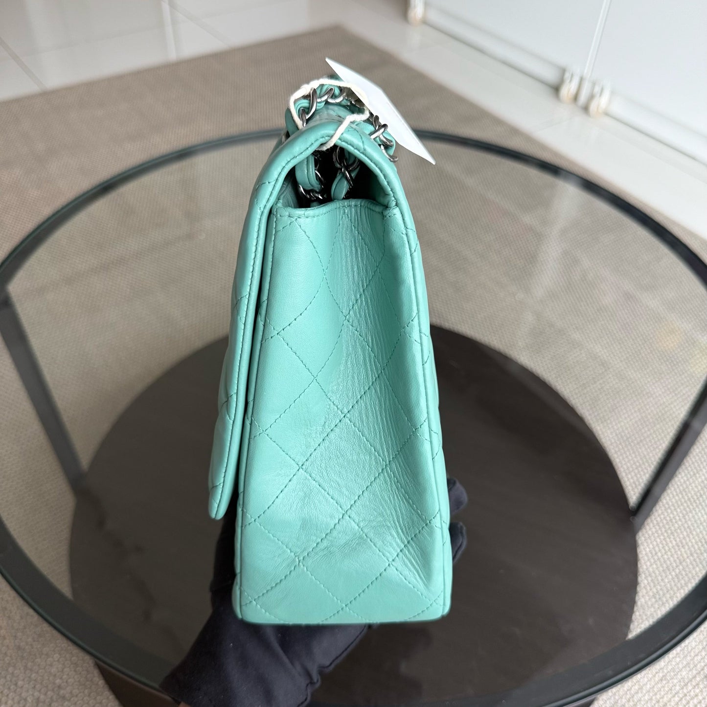 Chanel Classic Flap Maxi - 33CM Quilted Single Flap Lambskin Tiffiny Blue Silver Hardware Series 13
