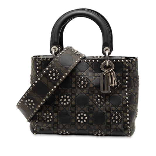 Black Dior Medium Calfskin Cannage Embossed Flower Studded Supple Lady Dior Satchel