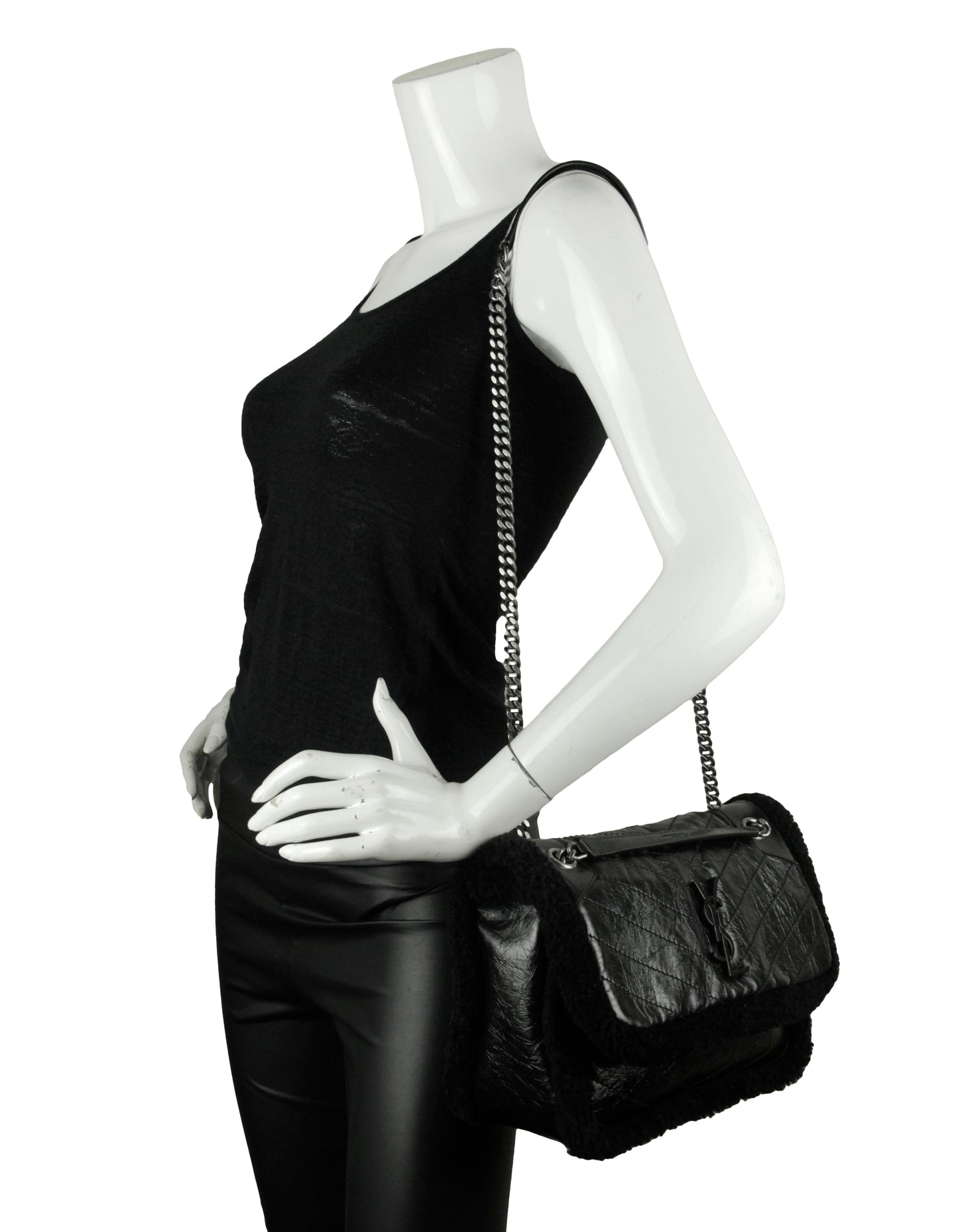 Saint Laurent Black Shearling Trim Calfskin Medium Niki Chain Shoulder Bag