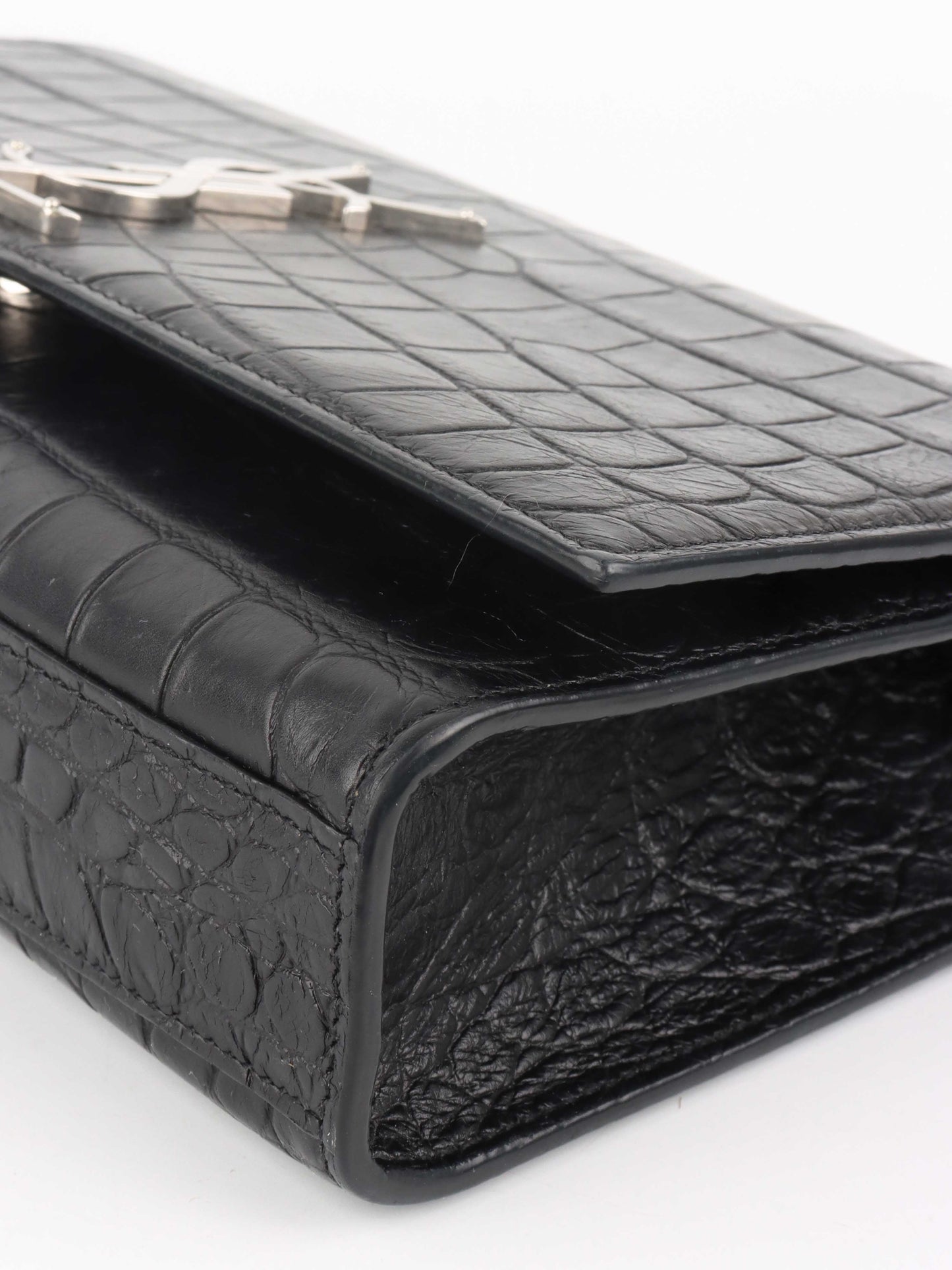 Saint Laurent Black Crocodile Embossed Chain Top Handle Kate Bag.