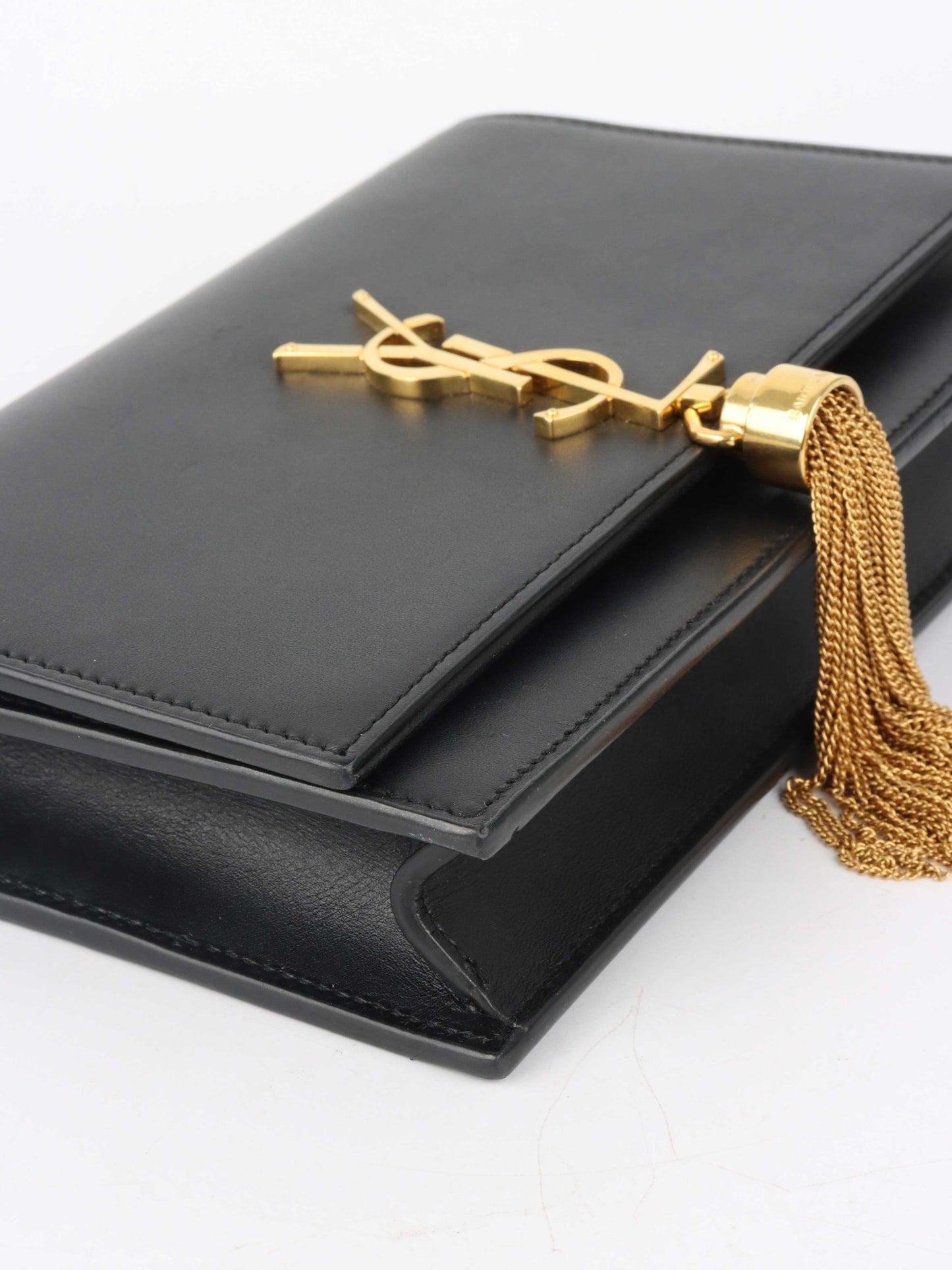 Saint Laurent Small Black Kate Wallet on Chain with Gold Tassel.