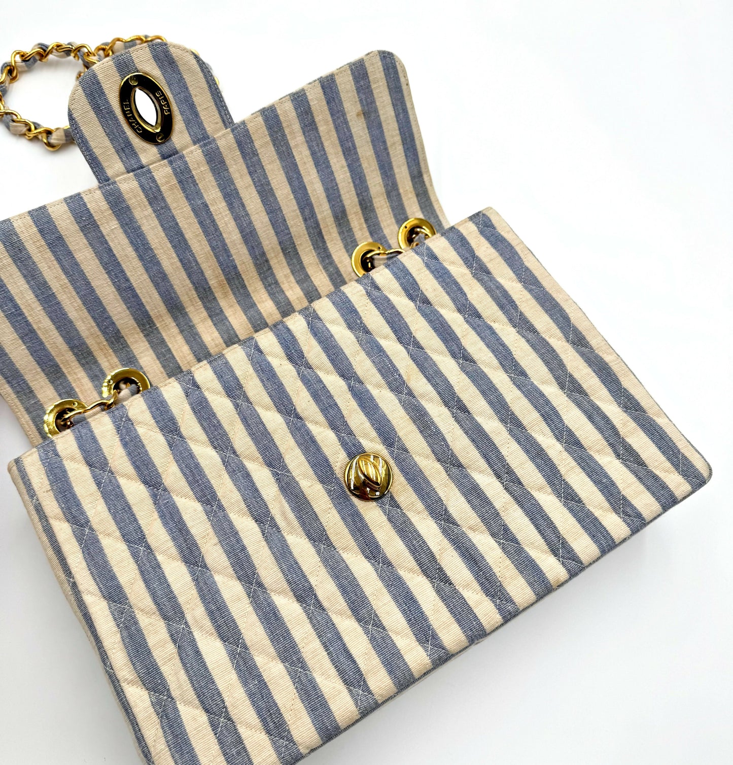 Chanel  1990s Jumbo Blue and White Striped Linen and Cotton Classic Flap Bag