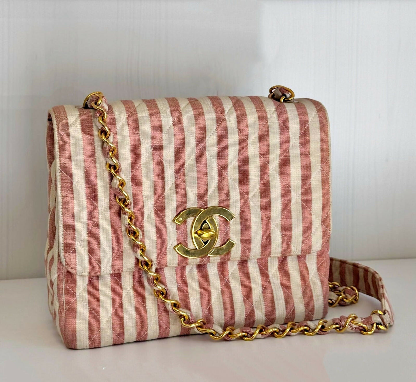 Chanel  1994-1996 White and Pink Striped Large Flap Bag