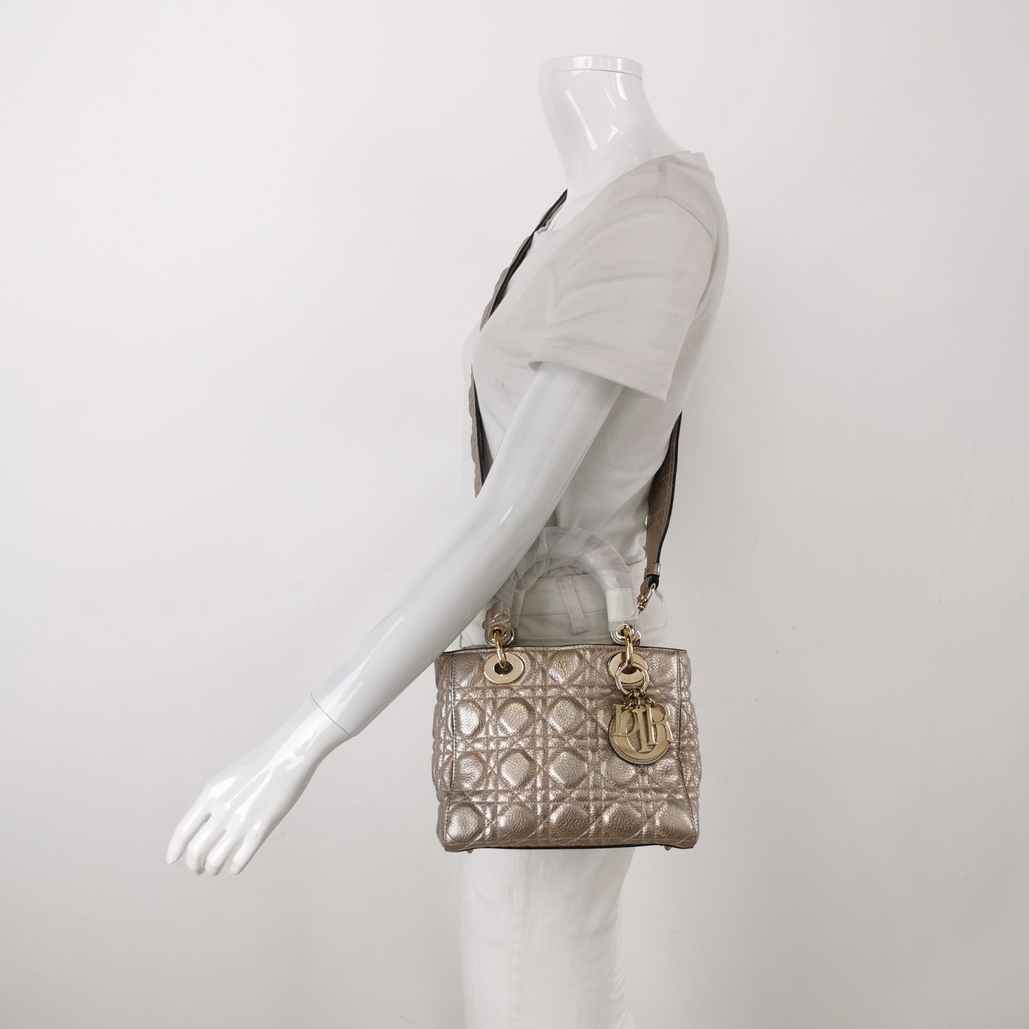 Lady Dior Small Supple Calfskin Leather Gold Cannage Handbag with Strap