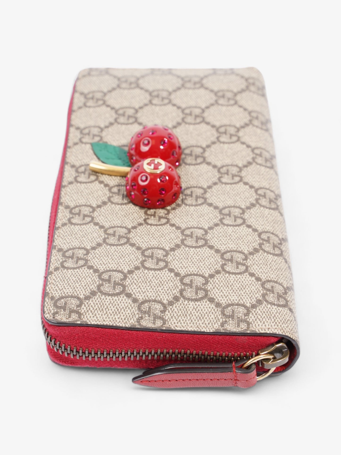 Gucci Zip Around Cherry Wallet Beige And Ebony GG Supreme / Red Coated Canvas