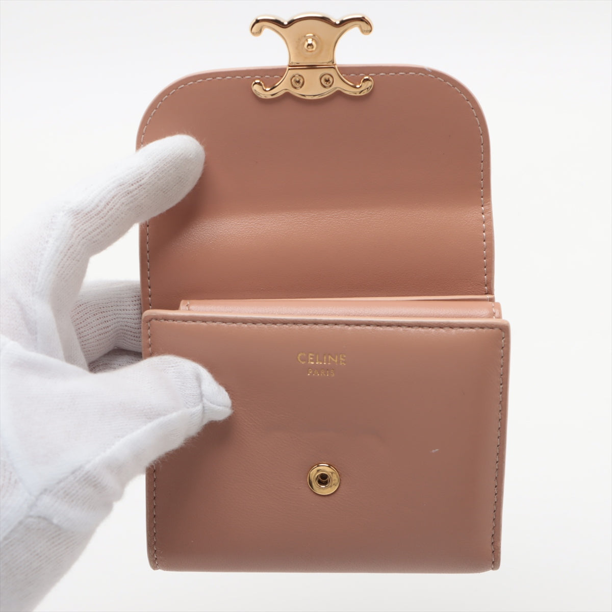 Luxury CELINE Triomphe Beige Compact Flap Cardholder Wallet