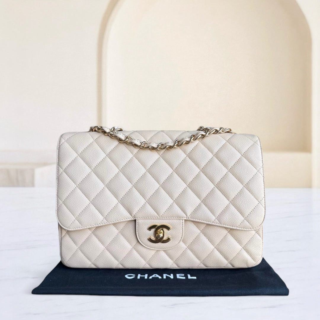 Chanel Classic Flap Jumbo - Caviar Quilted Grained Calfskin Light Beige Gold Hardware Series 13