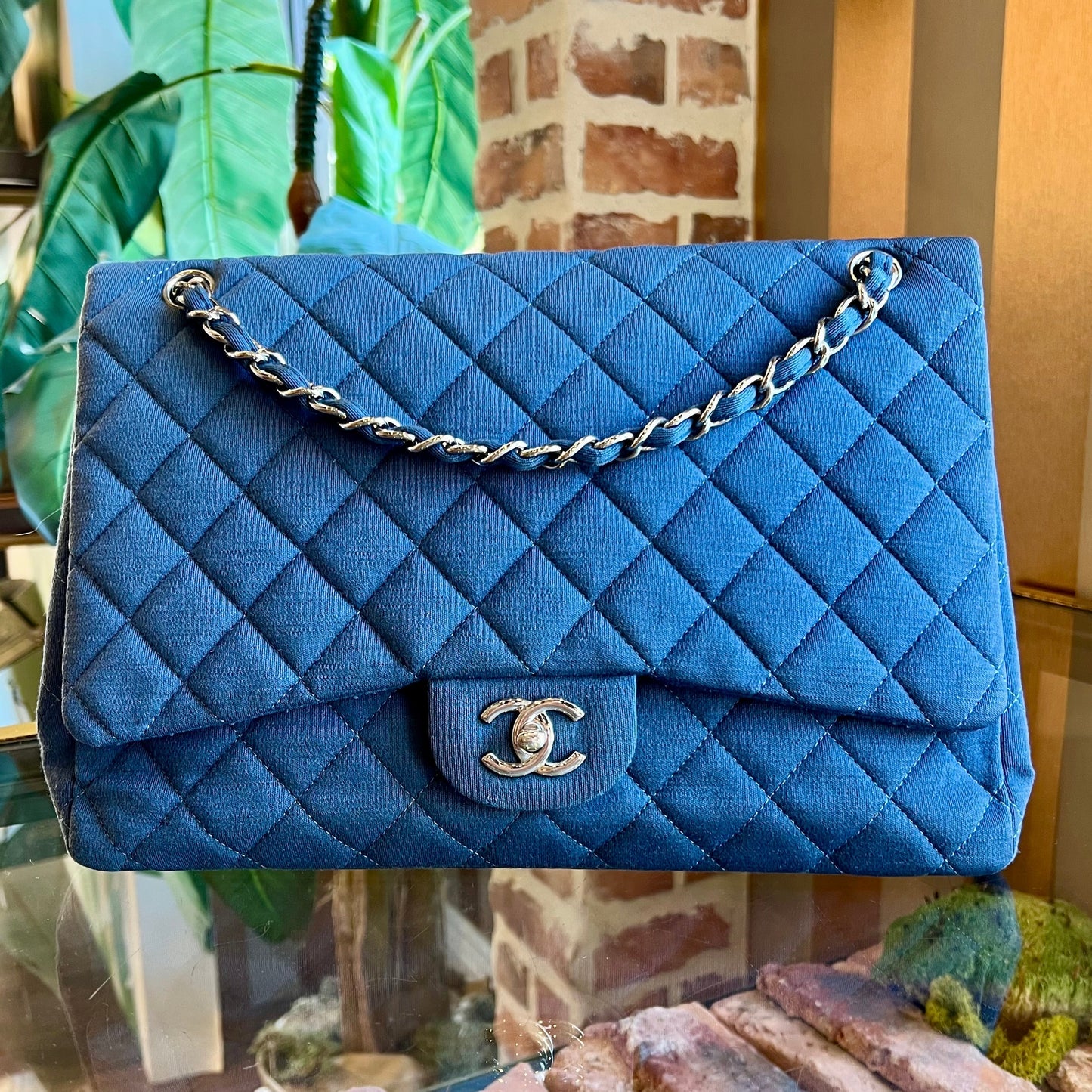 CHANEL Single Flap Jumbo Blue Jersey Shoulder Bag