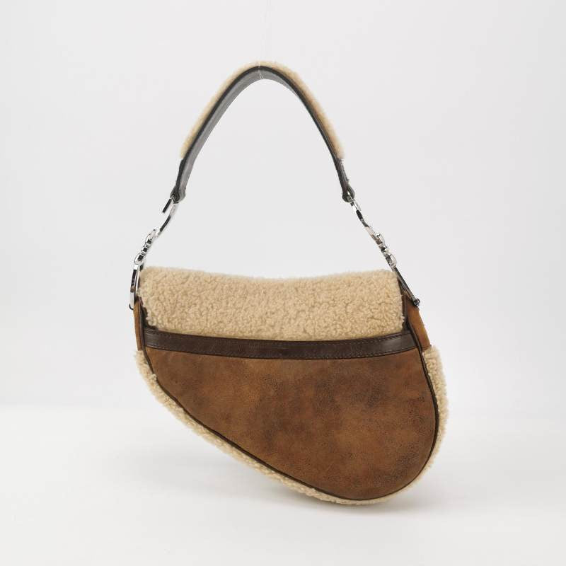 Dior Saddle Vintage Shoulder Bag Shearling Brown and While
