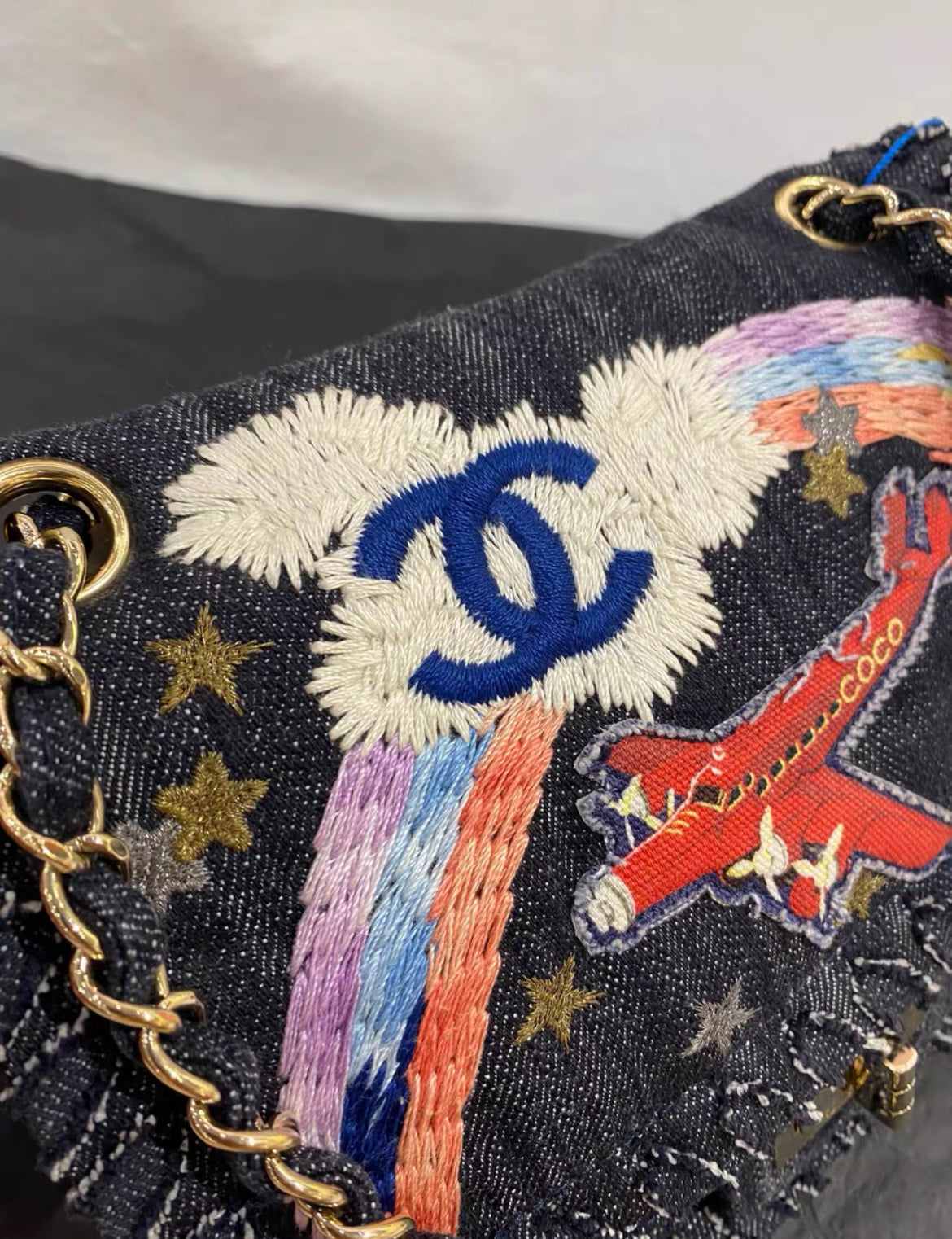CHANEL 2006  NIGHT FLIGHT DENIM REISSUE AIRPLANE RAINBOW BAG 24K GHW
