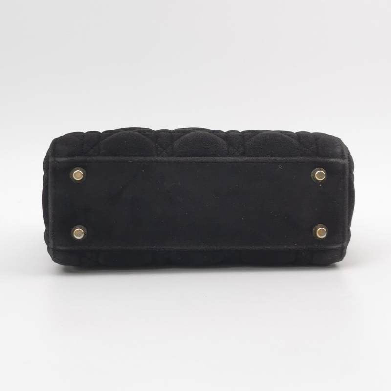 Lady Dior Mini Black Suede with Light Gold-tone Hardware and Crystal Logo