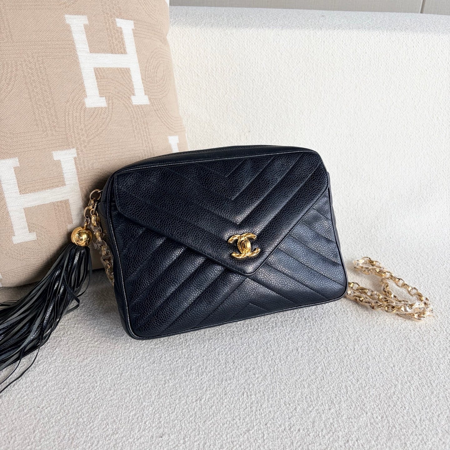 Chanel Caviar Chevron Quilted Tassel Camera Case